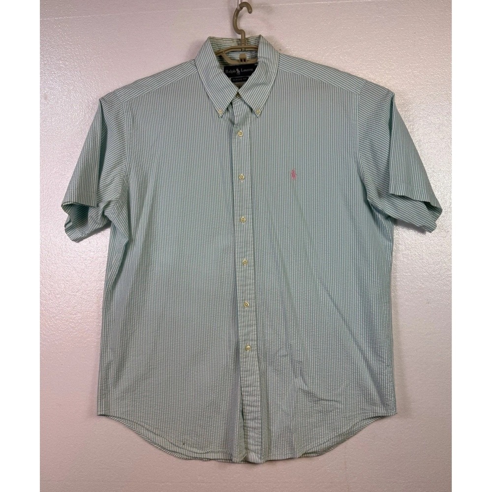 Ralph Lauren Shirt Mens Sz L Classic Fit button Down Blue Strip Seersucker Pony